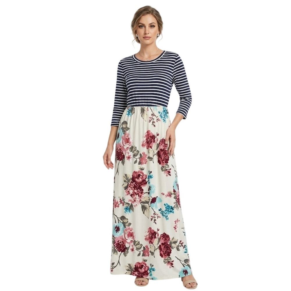 EGS  Floral & Stripes Maxi Dress Nautical Boho-Chic Lightweight Large